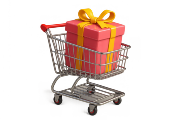 Shopping cart carrying a pink gift package with yellow ribbon, representing online buying and retail promotions