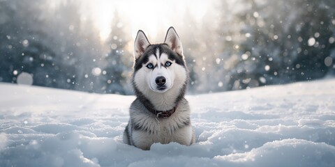 Obraz premium Blue-eyed husky, acting as a winter pet, highlighting cold climate adaptation