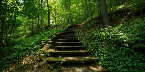 Obraz premium Ancient stone steps amid a lush forest landscape during summer, natural preservation