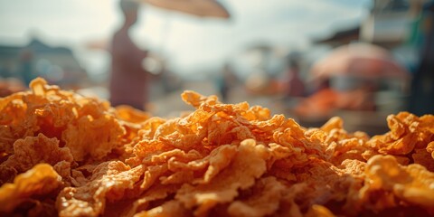 Detailed view of krupuk kulit ikan kakap, highlighting traditional seafood snack production in coastal villages, World Oceans Day