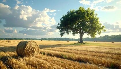 Golden field with hay bales under a sunny sky with a large tree, invoking serenity and rural beauty
