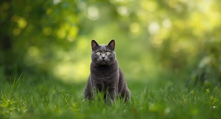 Obraz premium Dark gray British cat resting amidst lush green foliage, suitable for nature-themed background design