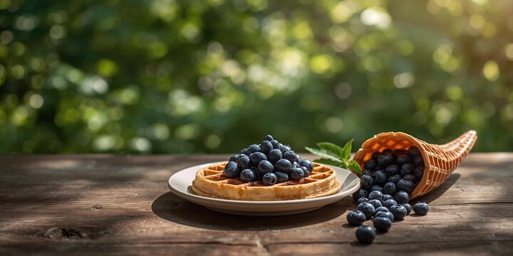 Blueberry topping on waffles served on a plate, fruit freshness for a fiber-rich breakfast - Powered by Adobe