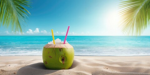 Coconut resting on beach sand with summer setting, suitable for tropical drink advertisements