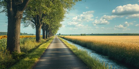 Fototapeta premium Cycle route through a rural landscape with trees along the trail, emphasizing ecological accessibility