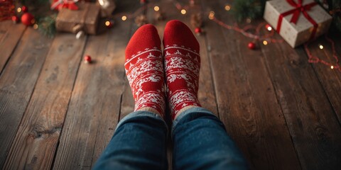 Closeup of hairy men's legs wearing woolen socks on a wooden surface, warmth and comfort for winter wear