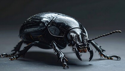 Glossy black beetle, viewed low, showing intricate leg detail, against a dark background