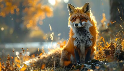 Fox sits amidst autumnal foliage, sunlight filtering through branches, creating a warm, serene, natural landscape