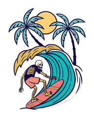 Skeleton Surfer Riding Big Ocean Waves | Vector Illustration EPS