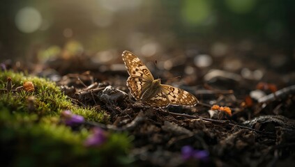 Obraz premium Spotted butterfly perched on withered leaves, highlighting natural erosion patterns