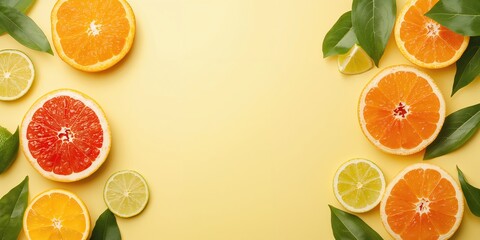 Assorted citrus fruits like grapefruit, orange, tangerine, lemon, and lime with leafy accents on pastel yellow, ideal for editorial header backgrounds