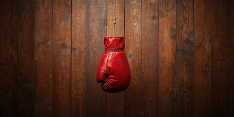 Boxing glove hanging on wooden background, illustrating gear storage for athlete preparedness