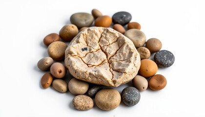 The photo features a collection of small round stones scattered around a central piece of jewelry with a cracked finish.