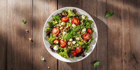Mixed salad bowl with fresh vegetables, fruits, nuts, and cheese on a table, healthy eating habits