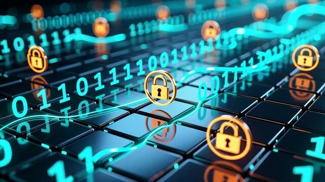 A rows of glowing binary digits with padlock icons showing data flow and system protection, data encryption concept, email security and protection concept
