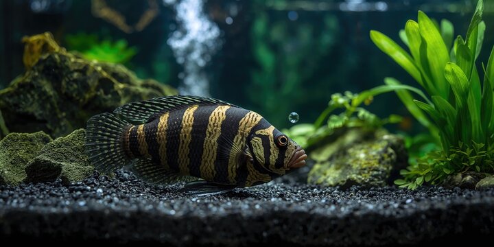 Aquarium scene featuring a King tiger pleco L333 with vibrant patterns, ideal for layout or UI backdrop
