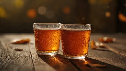 Rustic-style apple cider in vintage glasses, suitable for autumn gatherings or holiday celebrations