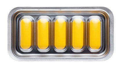 Obraz premium Five bright yellow oval pills in a silver blister pack