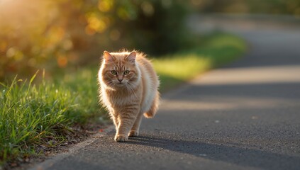 Orange cat walking across a rural road surrounded by autumn foliage, highlighting animal activity in seasonal change, Earth Day