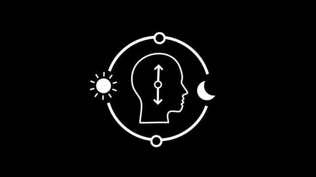 Circadian health white line animation. Human head with biological clock animated icon. Optimize cognitive function for daytime. Isolated element on dark background. 4K