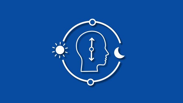 Circadian health white line animation. Human head with biological clock animated icon. Optimize cognitive function for daytime. Isolated element on dark background. 4K