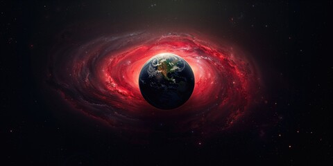 Obraz premium Red galaxy scene with planetary objects, designed for science and astronomy presentation backgrounds