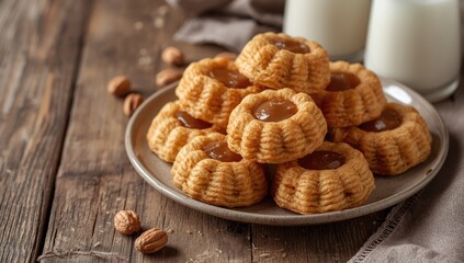 Naklejka premium Close-up of homemade nut biscuits with condensed milk, highlighting snack preparation for tea gatherings