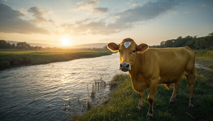 Dairy cattle grazing by a stream, highlighting agricultural activity