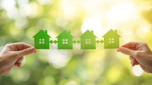 Sustainable Community Growth: Hands Holding Four Green Paper Cutout Houses Symbolizing Eco-Friendly Real Estate and Environmental Planning