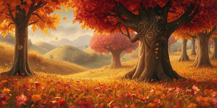 Animated depiction of a fall forest landscape, designed as a background for visual storytelling or thematic layouts