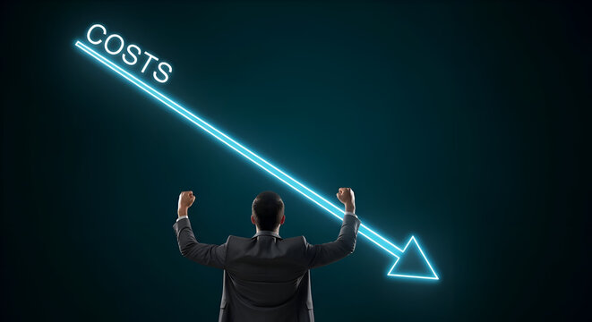 Businessman celebrates successful cost reduction achievement symbolized by a bright neon blue downward trending arrow against a dark background graphic