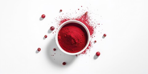 Cranberry powder in bowl on white background, added to recipes for fiber content