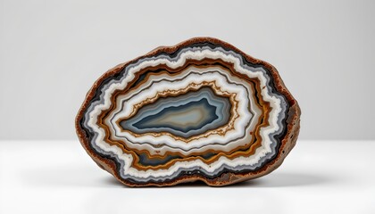 An artful arrangement of natural elements. Dominating the center is a large, intricately patterned geode with a mix of brown and white hues, showcasing its crystalline structure and inner cavity