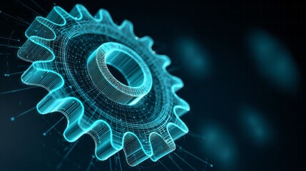 A luminous blue wireframe gear emerges from a dark digital space.