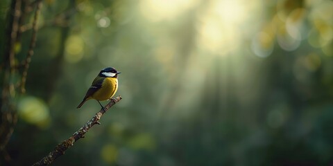 Obraz premium Close-up of a great tit on a branch, highlighting avian posture, habitat setting, bird identification, World Bird Day