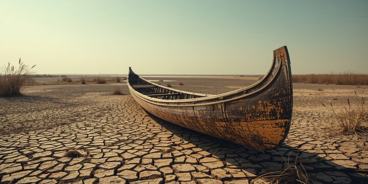 Old Mashoof boat abandoned on cracked mud in southern Iraq marshes amid drought, climate change impacts