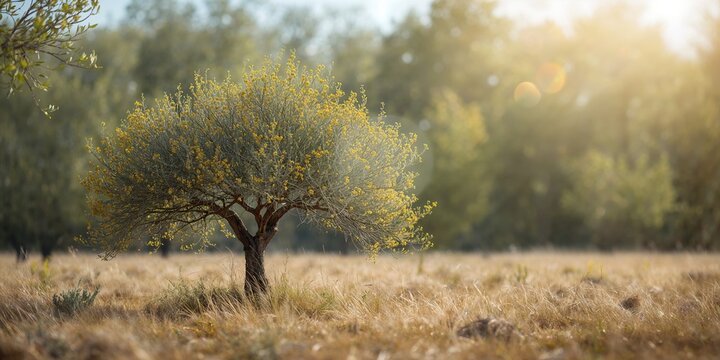 A blooming Russian olive tree in a forest strip amid dry steppe, drought-resistant vegetation
