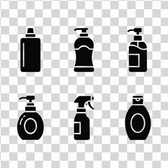 Black silhouettes of various soap and lotion dispensers on transparent background