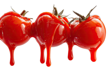 Glossy red tomatoes coated in thick, dripping sauce against black
