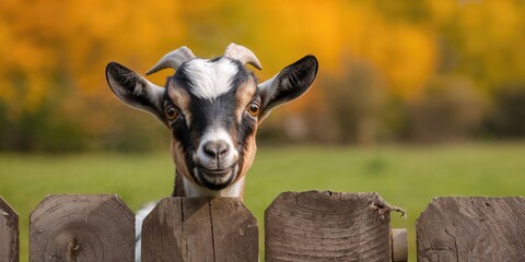 Close-up of a friendly goat with black and white markings peering through a wooden fence, focusing on animal behavior and enclosure safety