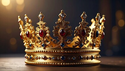 Elaborate golden crown adorned with jewels sits on dark surface under soft light with blurred background