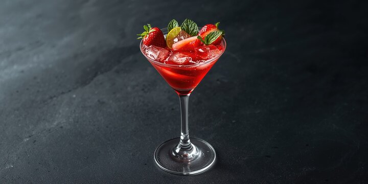 Summer berry cocktail featuring lime and mint in a martini glass against a dark slate background, highlighting fruit-based drinks