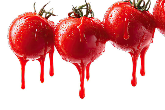 Ripe red tomatoes dripping vibrant liquid against a dark background - Powered by Adobe