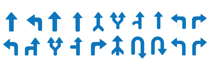 Way direction arrow sign icon set. three arrow, way sign, road direction icon vector. three-way direction arrow sign.Way pointer symbol. Turn arrow navigation sign. Traffic route vector illustration.