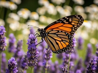 Naklejka premium Monarch butterfly resting on a purple flower in a field of daisies