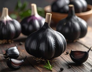 Glossy black garlic bulbs sit on a rustic wooden surface with scattered peppercorns and herb sprig