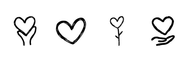Heart Symbol Line Icon Set In Doodle Style. Love, Care, And Growth Representation Outline Sketch Collection. Hand Drawn Isolated Vector Illustration