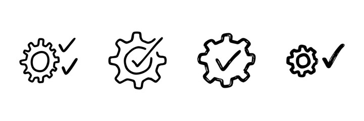 Obraz premium Gear With Checkmark Line Icon Set In Doodle Style. Quality Assurance, System Optimization, And Task Completion Outline Sketch Collection. Hand Drawn Isolated Vector Illustration