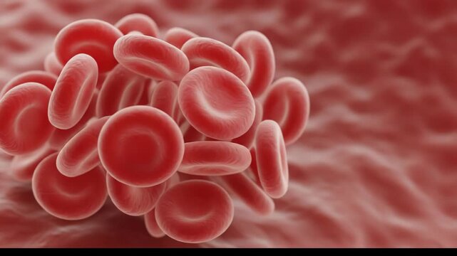 Close-up view of red blood cells clumped together.