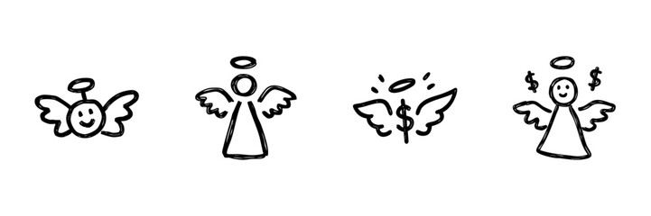 Obraz premium Angel And Financial Symbols Line Icon Set In Doodle Style. Spirituality, Wealth, And Prosperity Outline Sketch Collection. Hand Drawn Isolated Vector Illustration